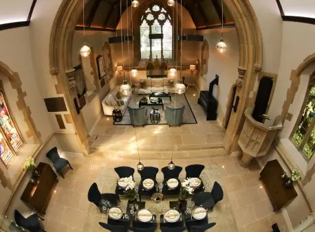 A view of the dining room in a church.