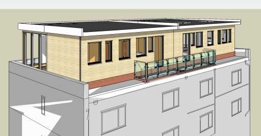 A 3d rendering of a building with a balcony.